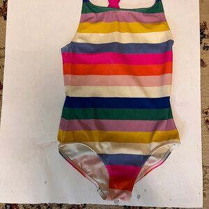 Boden Girl's Cross-back printed swimsuit sz 5-6Y colorful rainbow stripes.
